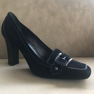 Women’s Cole Haan 9AA BLK Suede 3.5” Heel Sq. Toe Silver Buckle Made in Brazil